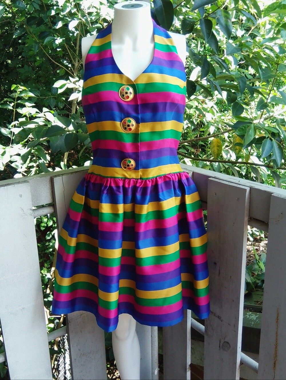 Vintage 1980s Striped Colorful halter Mini Party Dress